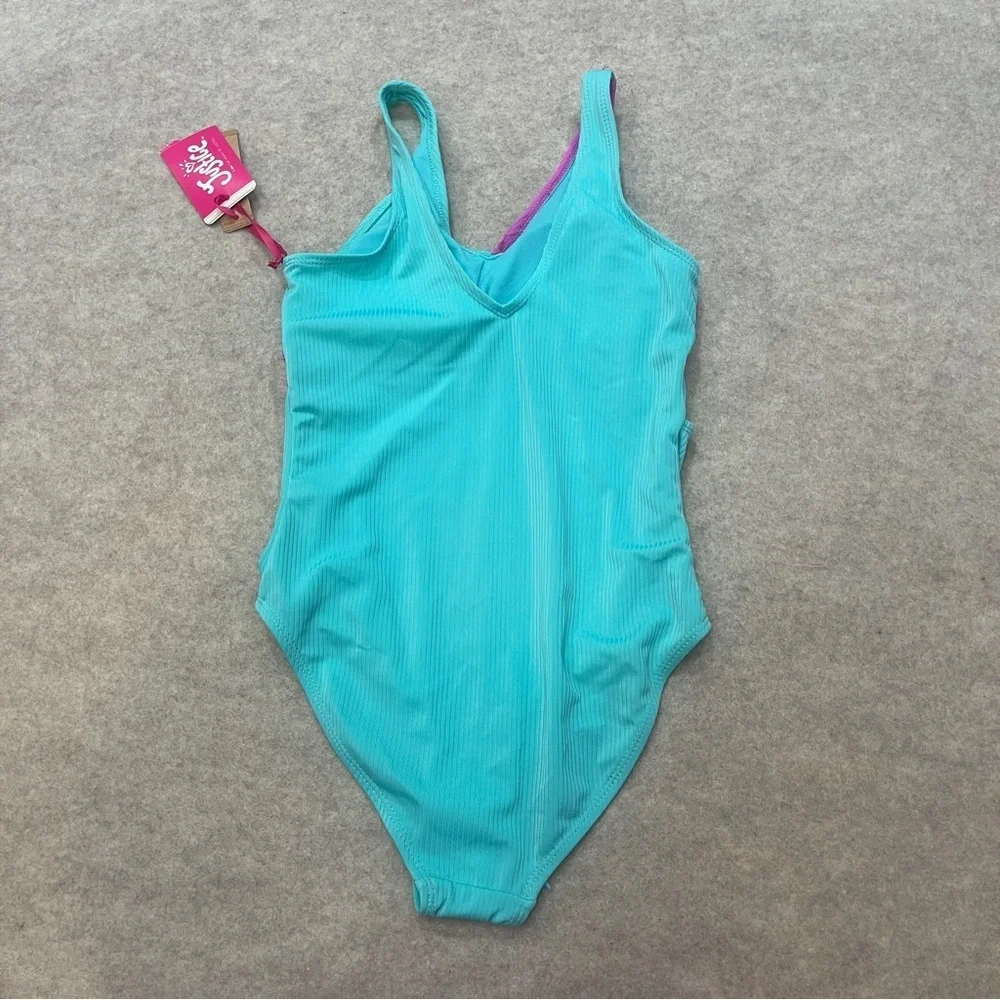 Justice Teal Purple Ribbed Cutout One Piece Swimsuit Girl’s size L(12-14) New